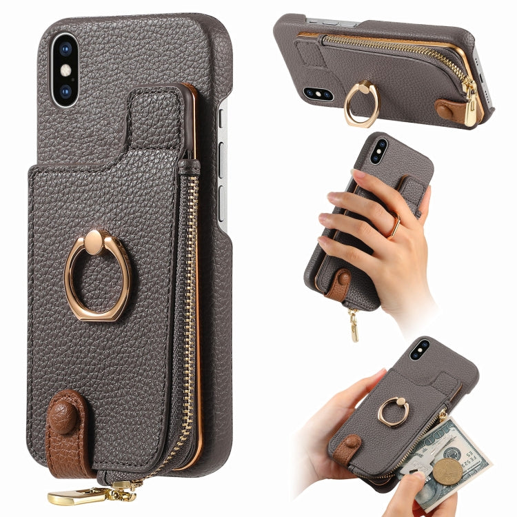 For iPhone XS Max Litchi Leather Oil Edge Ring Zipper Wallet Back Phone Case(Grey) - More iPhone Cases by buy2fix | Online Shopping UK | buy2fix