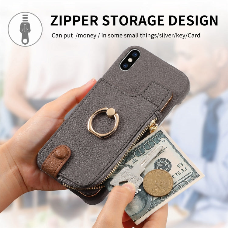 For iPhone XS Max Litchi Leather Oil Edge Ring Zipper Wallet Back Phone Case(Grey) - More iPhone Cases by buy2fix | Online Shopping UK | buy2fix