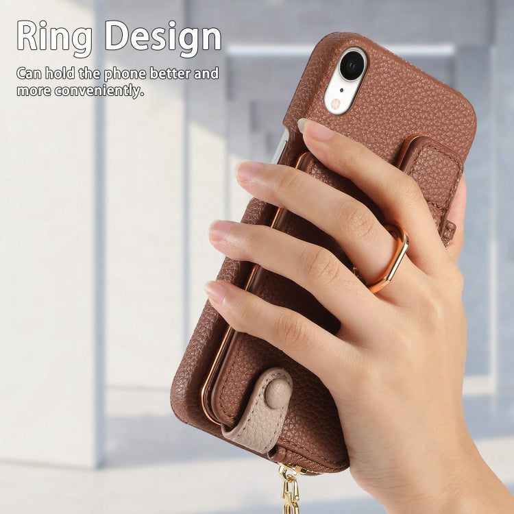 For iPhone XR Litchi Leather Oil Edge Ring Zipper Wallet Back Phone Case(Brown) - More iPhone Cases by buy2fix | Online Shopping UK | buy2fix