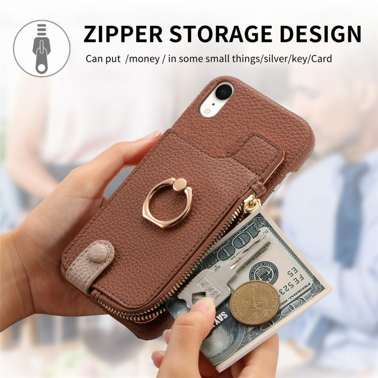 For iPhone XR Litchi Leather Oil Edge Ring Zipper Wallet Back Phone Case(Brown) - More iPhone Cases by buy2fix | Online Shopping UK | buy2fix