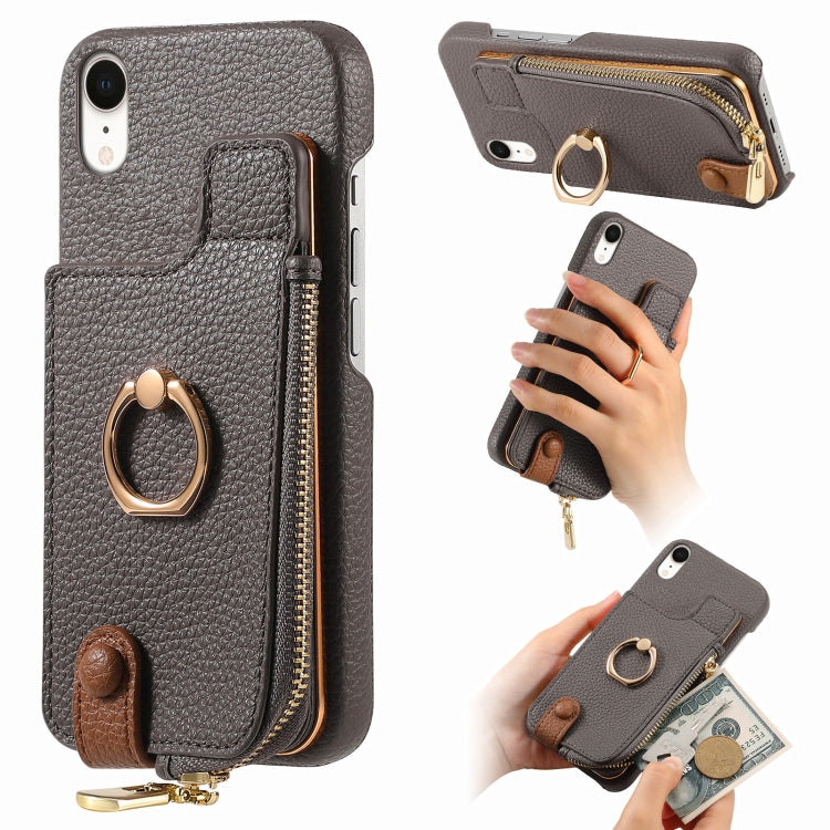 For iPhone XR Litchi Leather Oil Edge Ring Zipper Wallet Back Phone Case(Grey) - More iPhone Cases by buy2fix | Online Shopping UK | buy2fix