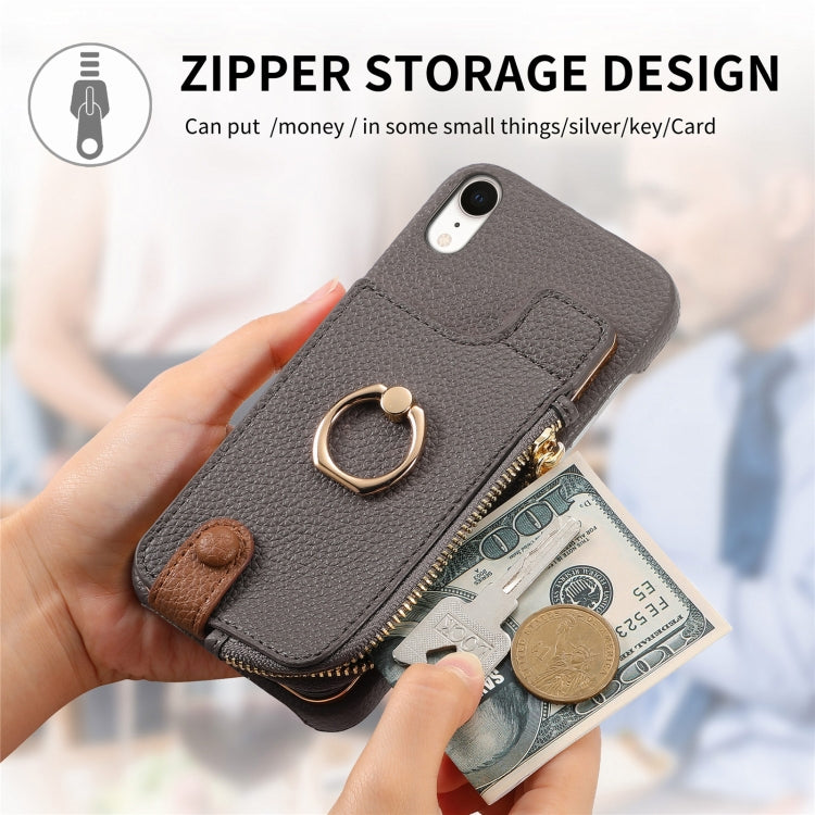 For iPhone XR Litchi Leather Oil Edge Ring Zipper Wallet Back Phone Case(Grey) - More iPhone Cases by buy2fix | Online Shopping UK | buy2fix