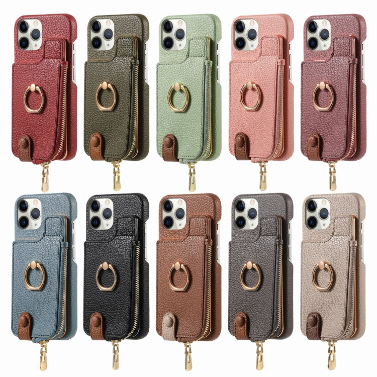 For iPhone 15 Pro Litchi Leather Oil Edge Ring Zipper Wallet Back Phone Case(Brown) - iPhone 15 Pro Cases by buy2fix | Online Shopping UK | buy2fix