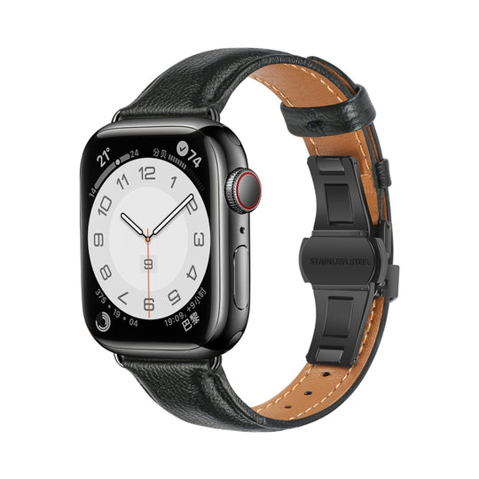 For Apple Watch SE 2022 40mm Plain Leather Butterfly Buckle Watch Band(Black+Black)