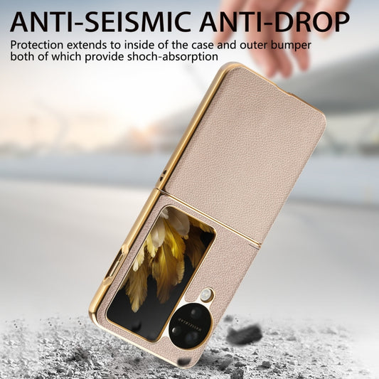For OPPO Find N3 Flip Litchi Leather Electroplating Shockproof Phone Case(Khaki) - OPPO Cases by buy2fix | Online Shopping UK | buy2fix