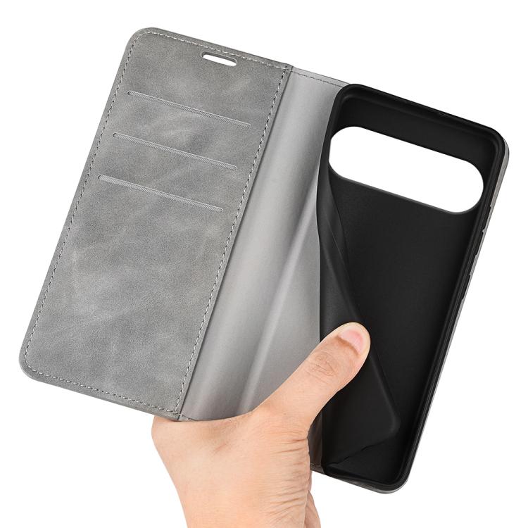 For Google Pixel 10 Pro XL Retro-skin Magnetic Suction Leather Phone Case(Grey) - Google Cases by buy2fix | Online Shopping UK | buy2fix