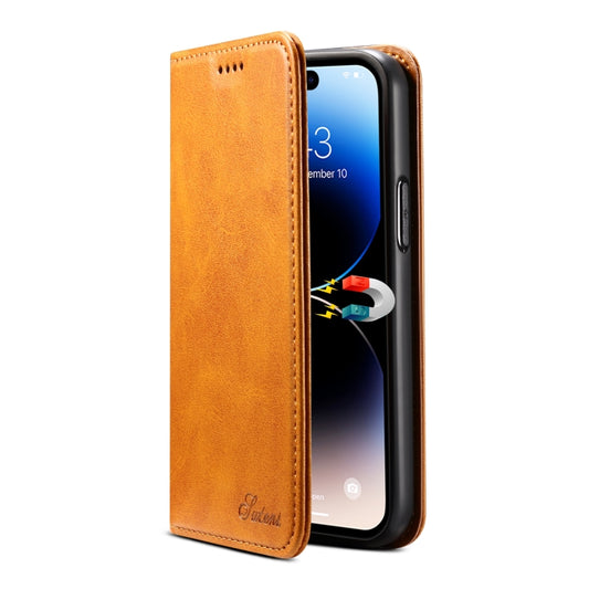 For iPhone 15 Pro Suteni Calf Texture Horizontal Flip Leather Phone Case(Khaki) - iPhone 15 Pro Cases by Suteni | Online Shopping UK | buy2fix