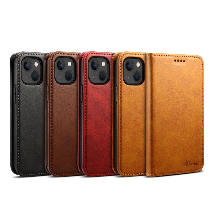 For iPhone 15 Plus Suteni Calf Texture Horizontal Flip Leather Phone Case(Khaki) - iPhone 15 Plus Cases by Suteni | Online Shopping UK | buy2fix