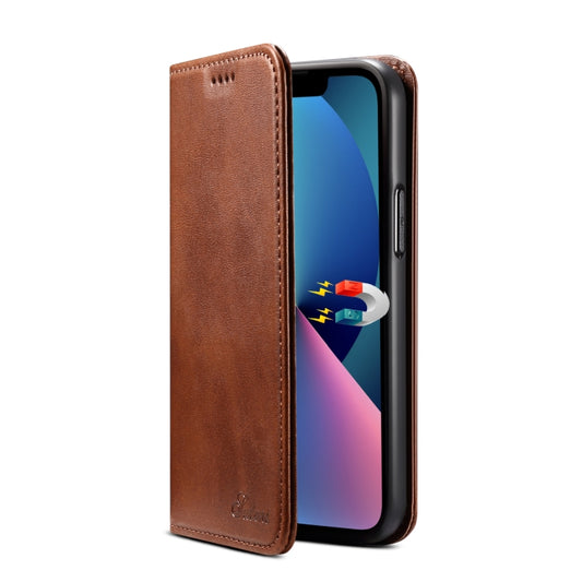For iPhone 15 Suteni Calf Texture Horizontal Flip Leather Phone Case(Brown) - iPhone 15 Cases by Suteni | Online Shopping UK | buy2fix