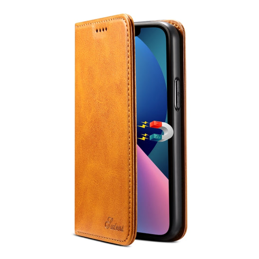 For iPhone 15 Suteni Calf Texture Horizontal Flip Leather Phone Case(Khaki) - iPhone 15 Cases by Suteni | Online Shopping UK | buy2fix