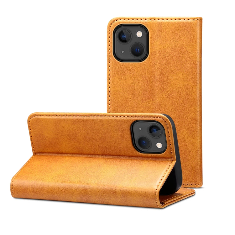 For iPhone 15 Suteni Calf Texture Horizontal Flip Leather Phone Case(Khaki) - iPhone 15 Cases by Suteni | Online Shopping UK | buy2fix