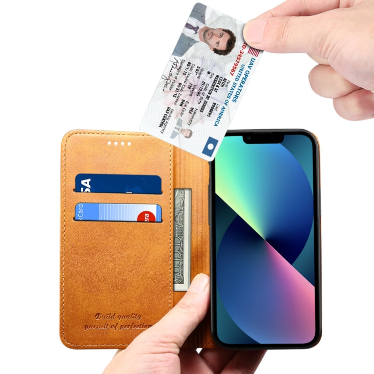 For iPhone 15 Suteni Calf Texture Horizontal Flip Leather Phone Case(Khaki) - iPhone 15 Cases by Suteni | Online Shopping UK | buy2fix