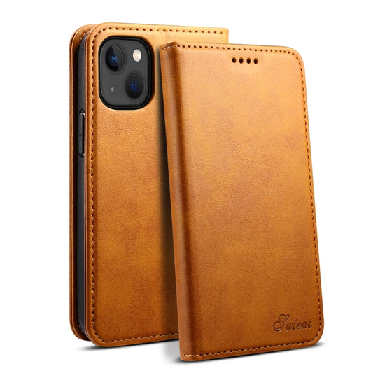 For iPhone 15 Suteni Calf Texture Horizontal Flip Leather Phone Case(Khaki) - iPhone 15 Cases by Suteni | Online Shopping UK | buy2fix