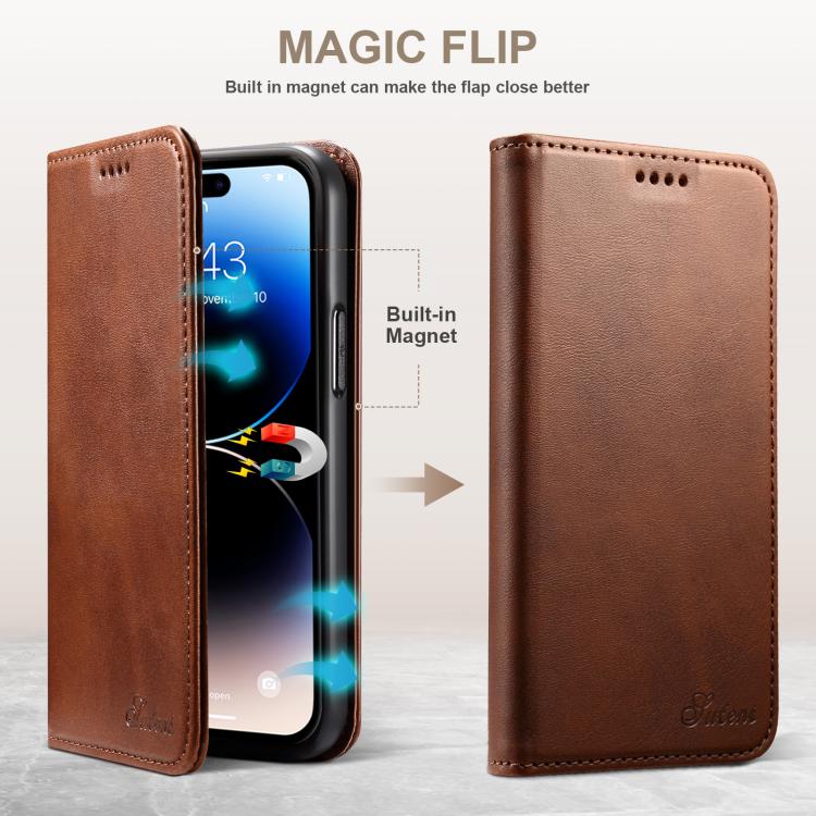 For iPhone 16e Suteni Calf Texture Horizontal Flip Leather Phone Case(Brown) - iPhone 16e Cases by Suteni | Online Shopping UK | buy2fix