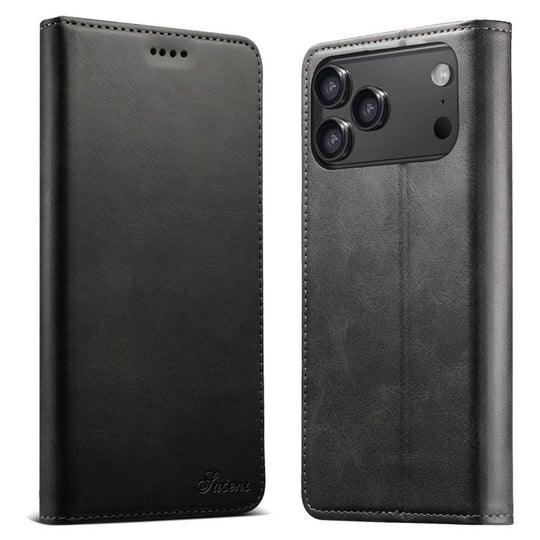For iPhone 17 Pro Max Suteni Calf Texture Horizontal Flip Leather Phone Case(Black)