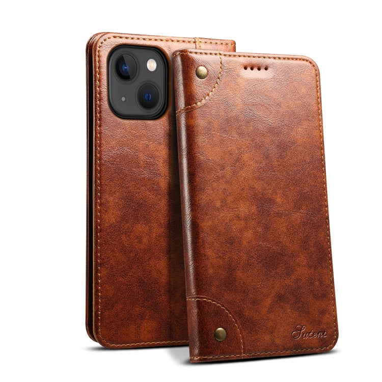For iPhone 15 Suteni Baroque Calf Texture Buckle Wallet Leather Phone Case(Khaki) - iPhone 15 Cases by Suteni | Online Shopping UK | buy2fix