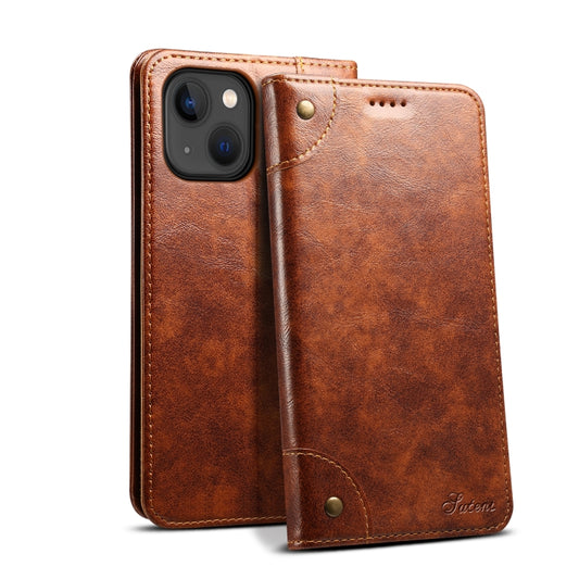 For iPhone 15 Suteni Baroque Calf Texture Buckle Wallet Leather Phone Case(Khaki) - iPhone 15 Cases by Suteni | Online Shopping UK | buy2fix