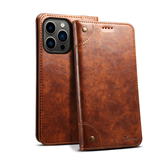 For iPhone 15 Pro Suteni Baroque Calf Texture Buckle Wallet Leather Phone Case(Khaki) - iPhone 15 Pro Cases by Suteni | Online Shopping UK | buy2fix