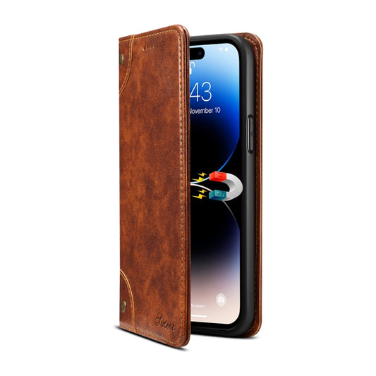 For iPhone 15 Pro Suteni Baroque Calf Texture Buckle Wallet Leather Phone Case(Khaki) - iPhone 15 Pro Cases by Suteni | Online Shopping UK | buy2fix