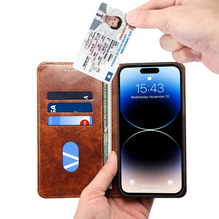 For iPhone 15 Pro Max Suteni Baroque Calf Texture Buckle Wallet Leather Phone Case(Khaki) - iPhone 15 Pro Max Cases by Suteni | Online Shopping UK | buy2fix