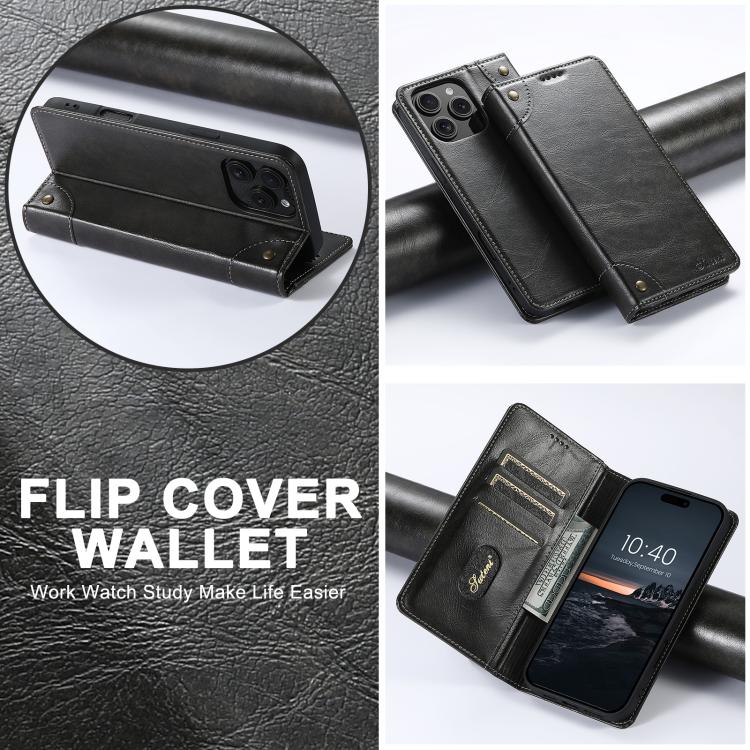 For iPhone 16e Suteni Baroque Calf Texture Buckle Wallet Leather Phone Case(Black) - iPhone 16e Cases by Suteni | Online Shopping UK | buy2fix