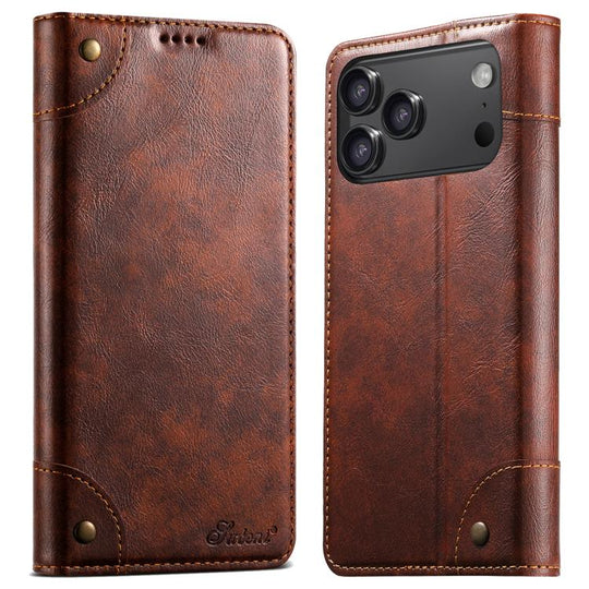 For iPhone 17 Pro Suteni Baroque Calf Texture Buckle Wallet Leather Phone Case(Khaki)