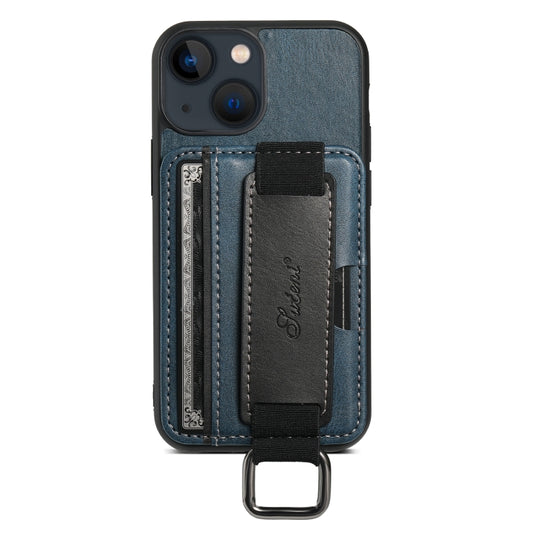 For iPhone 15 Suteni H13 Card Wallet Wrist Strap Holder PU Phone Case(Blue)