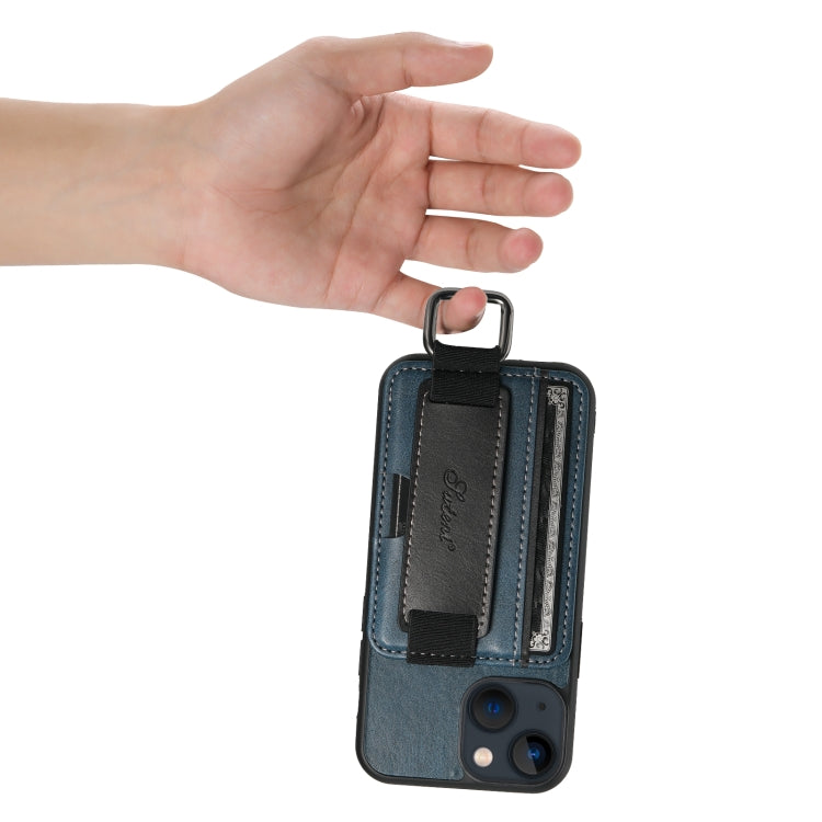 For iPhone 15 Suteni H13 Card Wallet Wrist Strap Holder PU Phone Case(Blue) - iPhone 15 Cases by Suteni | Online Shopping UK | buy2fix