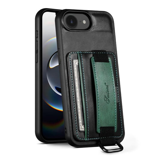 For iPhone 16e Suteni H13 Card Wallet Wrist Strap Holder PU Phone Case(Black) - iPhone 16e Cases by Suteni | Online Shopping UK | buy2fix