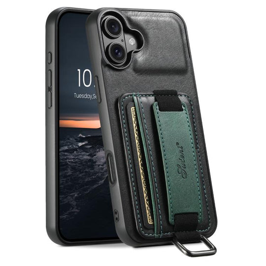 For iPhone 17 Suteni H13 Card Wallet Wrist Strap Holder PU Phone Case(Black)