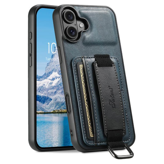 For iPhone 17 Suteni H13 Card Wallet Wrist Strap Holder PU Phone Case(Blue)