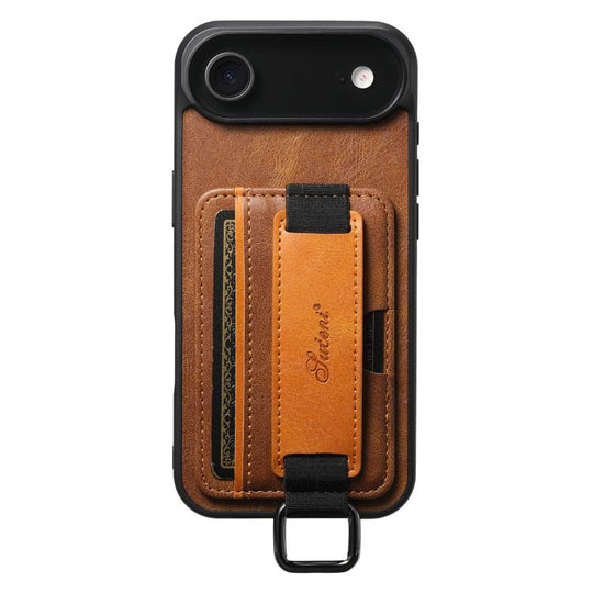 For iPhone  Air Suteni H13 Card Wallet Wrist Strap Holder PU Phone Case(Brown)