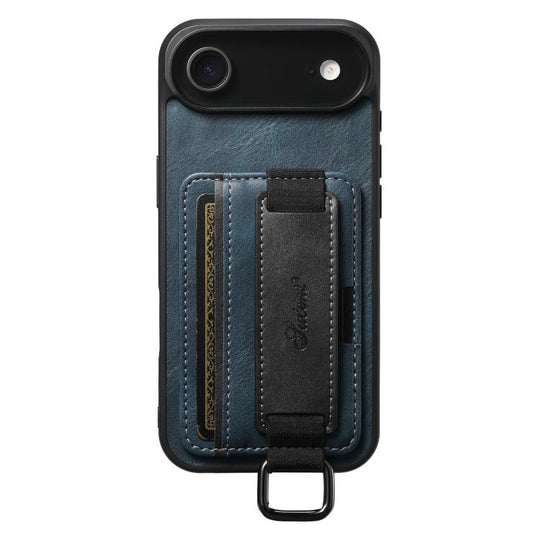 For iPhone  Air Suteni H13 Card Wallet Wrist Strap Holder PU Phone Case(Blue)