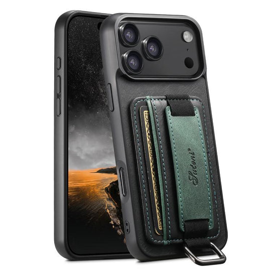 For iPhone 17 Pro Suteni H13 Card Wallet Wrist Strap Holder PU Phone Case(Black)