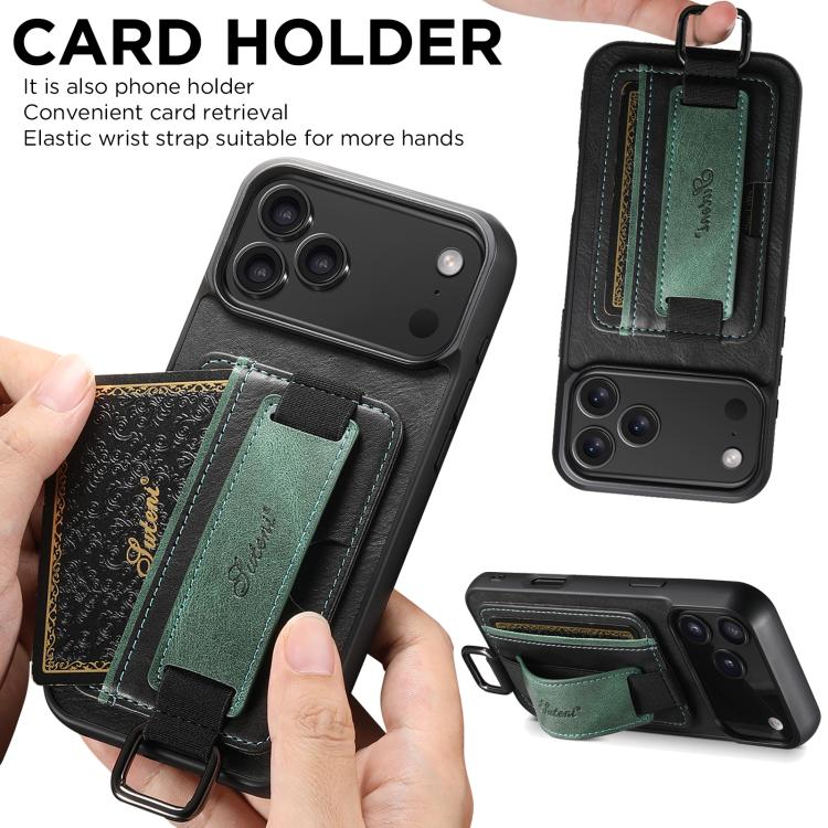 For iPhone 17 Pro Suteni H13 Card Wallet Wrist Strap Holder PU Phone Case(Black) - iPhone 17 Pro Cases by Suteni | Online Shopping UK | buy2fix