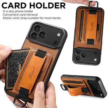 For iPhone 17 Pro Suteni H13 Card Wallet Wrist Strap Holder PU Phone Case(Brown) - iPhone 17 Pro Cases by Suteni | Online Shopping UK | buy2fix