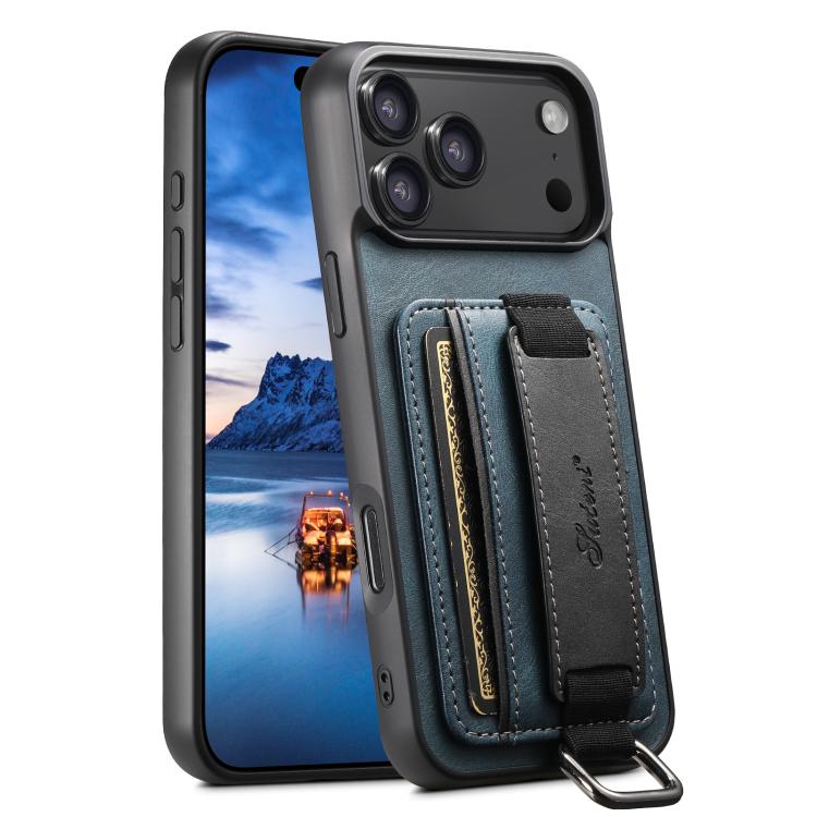 For iPhone 17 Pro Suteni H13 Card Wallet Wrist Strap Holder PU Phone Case(Blue) - iPhone 17 Pro Cases by Suteni | Online Shopping UK | buy2fix