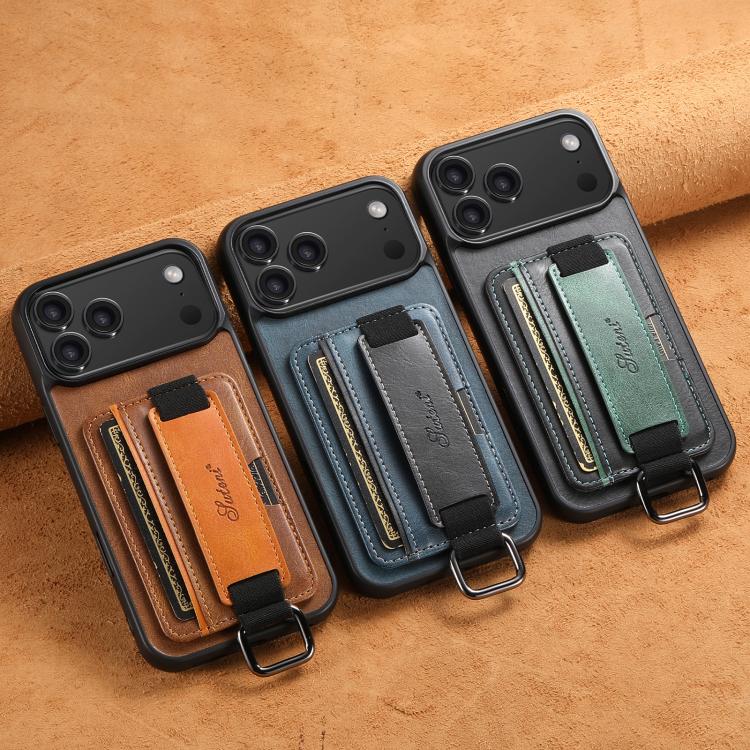For iPhone 16 Pro Suteni H13 Card Wallet Wrist Strap Holder PU Phone Case(Black) - iPhone 16 Pro Cases by Suteni | Online Shopping UK | buy2fix