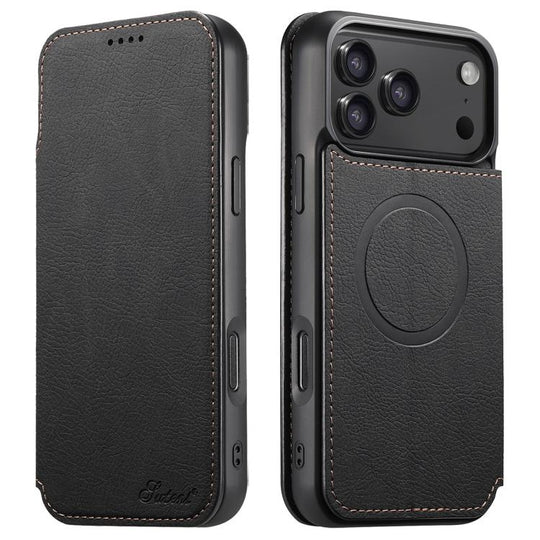 For iPhone 17 Pro Max Suteni J06 Retro Matte Litchi Texture Leather MagSafe Phone Case(Black)