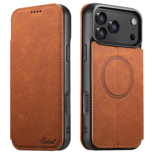 For iPhone 17 Pro Max Suteni J06 Retro Matte Litchi Texture Leather MagSafe Phone Case(Khaki)