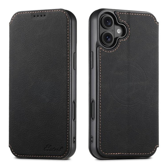 For iPhone 17 Suteni J06 Retro Matte Litchi Texture Leather MagSafe Phone Case(Black)