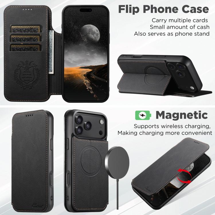 For iPhone 17 Suteni J06 Retro Matte Litchi Texture Leather MagSafe Phone Case(Black) - iPhone 17 Cases by Suteni | Online Shopping UK | buy2fix