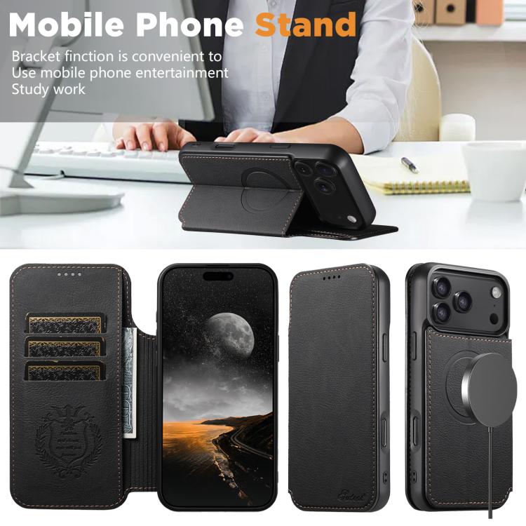 For iPhone 17 Suteni J06 Retro Matte Litchi Texture Leather MagSafe Phone Case(Black) - iPhone 17 Cases by Suteni | Online Shopping UK | buy2fix