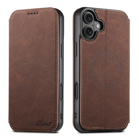 For iPhone 17 Suteni J06 Retro Matte Litchi Texture Leather MagSafe Phone Case(Brown)