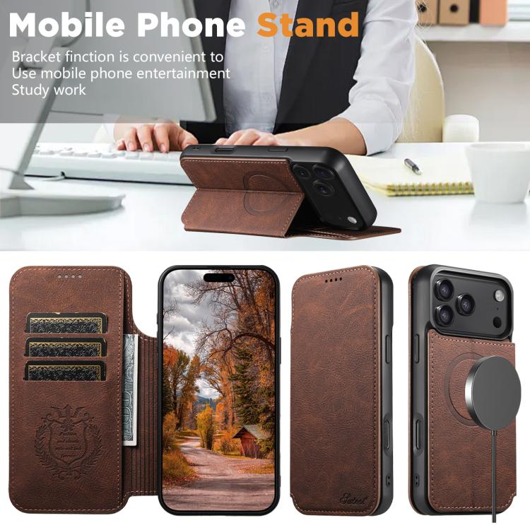 For iPhone 17 Suteni J06 Retro Matte Litchi Texture Leather MagSafe Phone Case(Brown) - iPhone 17 Cases by Suteni | Online Shopping UK | buy2fix