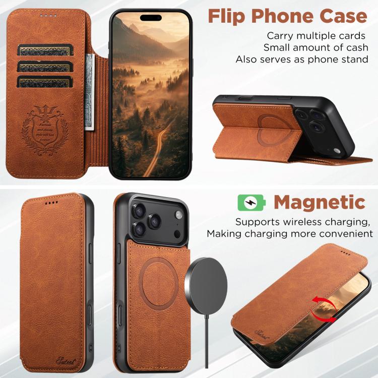 For iPhone 17 Suteni J06 Retro Matte Litchi Texture Leather MagSafe Phone Case(Khaki) - iPhone 17 Cases by Suteni | Online Shopping UK | buy2fix