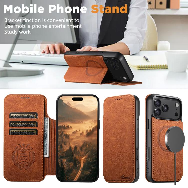 For iPhone 17 Suteni J06 Retro Matte Litchi Texture Leather MagSafe Phone Case(Khaki) - iPhone 17 Cases by Suteni | Online Shopping UK | buy2fix