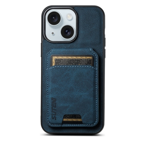 For iPhone 15 Suteni H02 Litchi Leather Card Wallet Stand Back Phone Case(Blue)