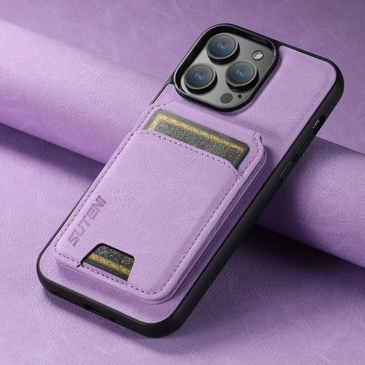 For iPhone 15 Suteni H02 Litchi Leather Card Wallet Stand Back Phone Case(Purple) - iPhone 15 Cases by Suteni | Online Shopping UK | buy2fix