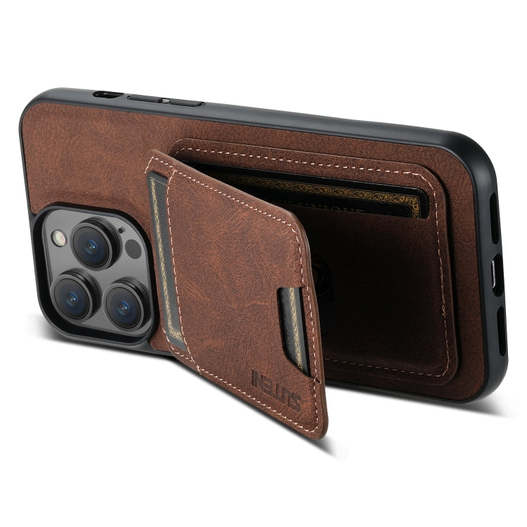 For iPhone 14 Suteni H02 Litchi Leather Card Wallet Stand Back Phone Case(Brown) - iPhone 14 Cases by Suteni | Online Shopping UK | buy2fix